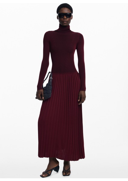 Balıkçı Yaka Düz Bordo Uzun Kadın Elbise 25WWVF09