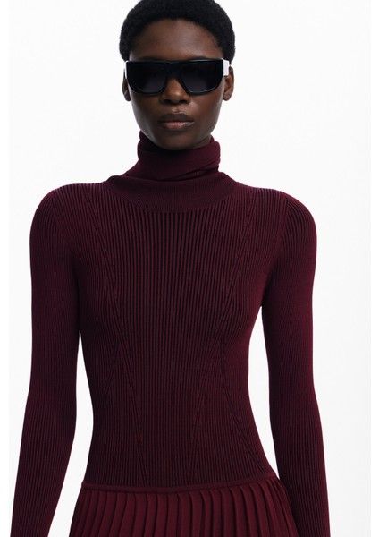 Balıkçı Yaka Düz Bordo Uzun Kadın Elbise 25WWVF09 fiyatları