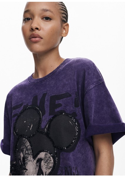 Yuvarlak Yaka Baskılı Mor Kadın T-Shirt 25WWTK60 modelleri