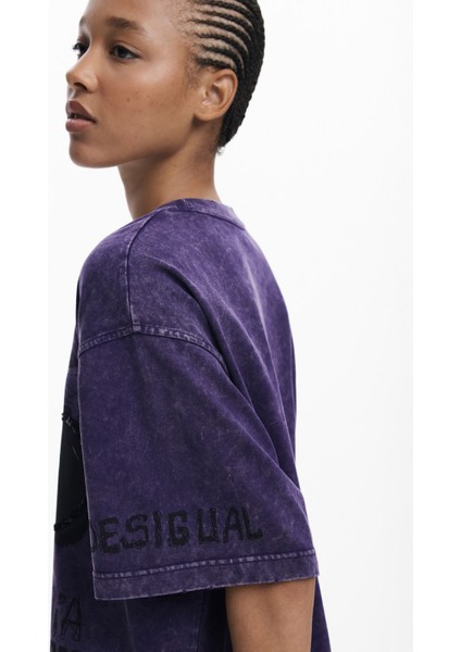 Yuvarlak Yaka Baskılı Mor Kadın T-Shirt 25WWTK60 fırsatları