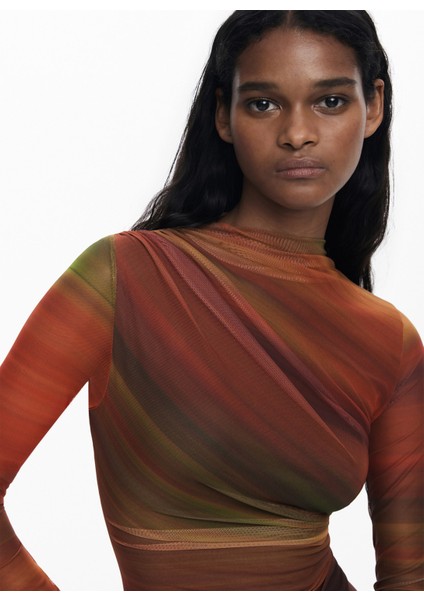 Dik Yaka Desenli Turuncu Kısa Kadın Elbise 25WWVK21 modelleri