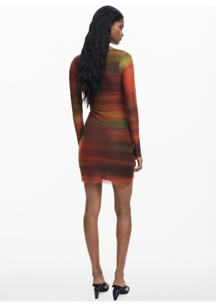 Dik Yaka Desenli Turuncu Kısa Kadın Elbise 25WWVK21 indirimleri