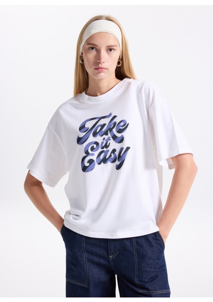 Bisiklet Yaka Beyaz - Mavi Kadın T-Shirt 3MI5D10AY fiyatları