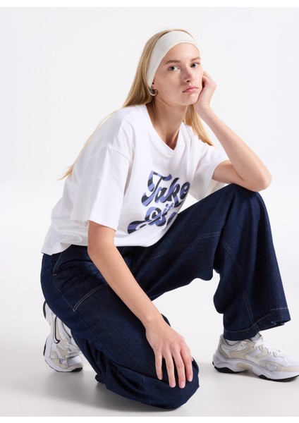 Bisiklet Yaka Beyaz - Mavi Kadın T-Shirt 3MI5D10AY fırsatları