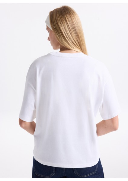 Bisiklet Yaka Beyaz - Mavi Kadın T-Shirt 3MI5D10AY