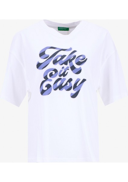 Bisiklet Yaka Beyaz - Mavi Kadın T-Shirt 3MI5D10AY