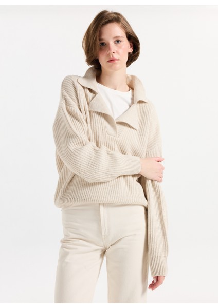 Polo Yaka Regular Fit Çizgili Ekru Kadın Kazak 261 Lcf 241003 Cora Ekru