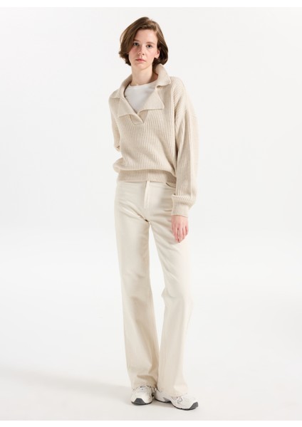 Polo Yaka Regular Fit Çizgili Ekru Kadın Kazak 261 Lcf 241003 Cora Ekru fiyatları