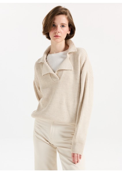 Polo Yaka Regular Fit Çizgili Ekru Kadın Kazak 261 Lcf 241003 Cora Ekru modelleri