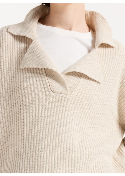 Polo Yaka Regular Fit Çizgili Ekru Kadın Kazak 261 Lcf 241003 Cora Ekru fırsatları