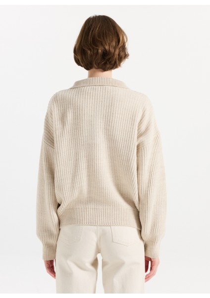 Polo Yaka Regular Fit Çizgili Ekru Kadın Kazak 261 Lcf 241003 Cora Ekru indirimleri