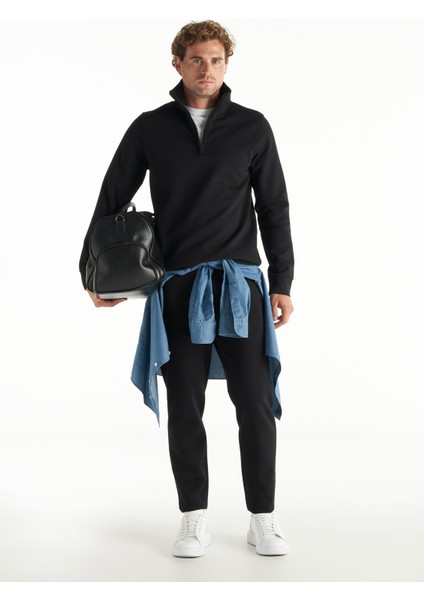 Dik Yaka Düz Siyah Erkek Sweatshırt TBMRTS1062