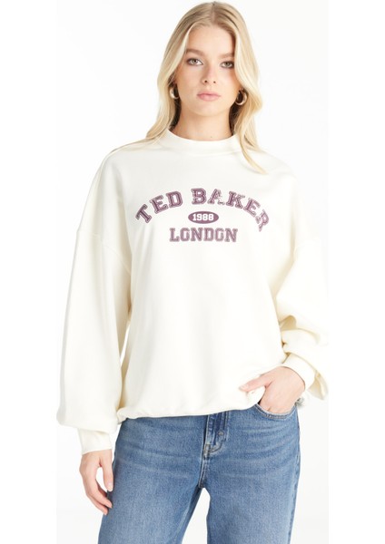 Bisiklet Yaka Baskılı Ekru Kadın Sweatshırt TBWRTS1035