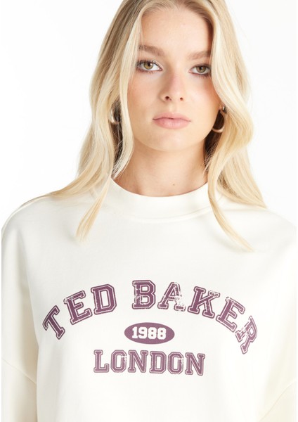 Bisiklet Yaka Baskılı Ekru Kadın Sweatshırt TBWRTS1035 indirimleri