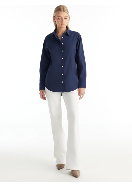 Regular Fit Klasik Gömlek Yaka Oxford Lacivert Kadın Gömlek TBWRSH1030 fırsatları