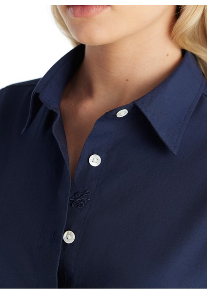 Regular Fit Klasik Gömlek Yaka Oxford Lacivert Kadın Gömlek TBWRSH1030 indirimleri