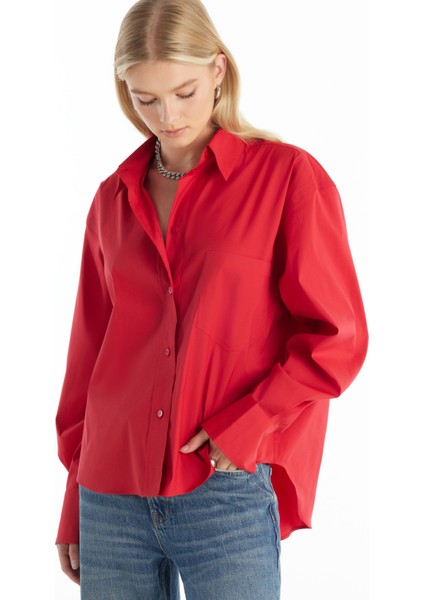 Regular Fit Klasik Gömlek Yaka Düz Kırmızı Kadın Gömlek TBWRSH1019