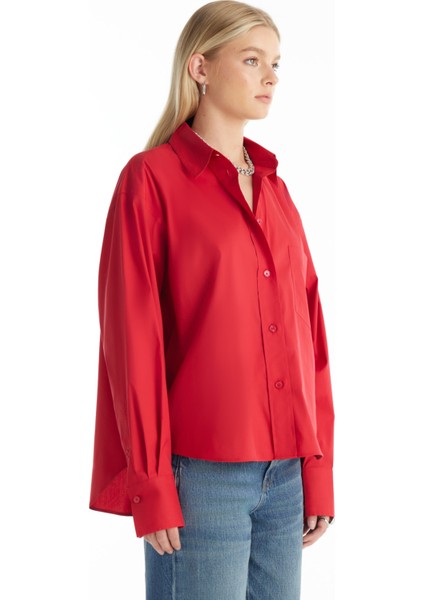 Regular Fit Klasik Gömlek Yaka Düz Kırmızı Kadın Gömlek TBWRSH1019 fiyatları