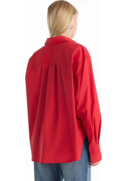 Regular Fit Klasik Gömlek Yaka Düz Kırmızı Kadın Gömlek TBWRSH1019 modelleri