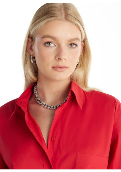 Regular Fit Klasik Gömlek Yaka Düz Kırmızı Kadın Gömlek TBWRSH1019 indirimleri