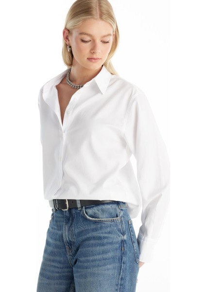 Regular Fit Klasik Gömlek Yaka Oxford Kırık Beyaz Kadın Gömlek TBWRSH1030 fiyatları
