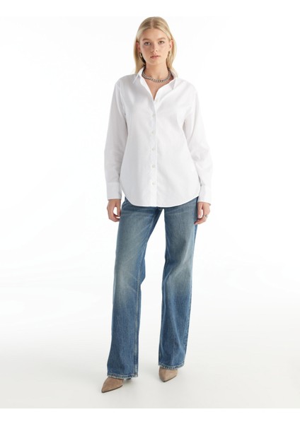 Regular Fit Klasik Gömlek Yaka Oxford Kırık Beyaz Kadın Gömlek TBWRSH1030 fırsatları