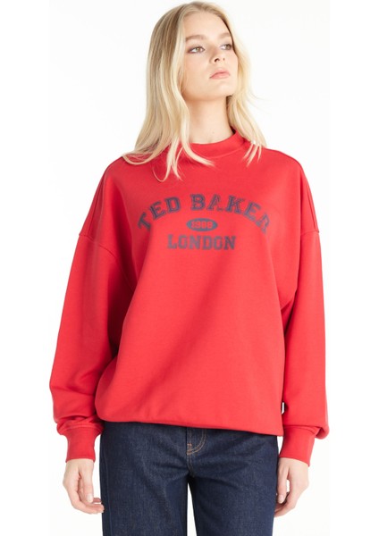 Bisiklet Yaka Baskılı Kırmızı Kadın Sweatshırt TBWRTS1035