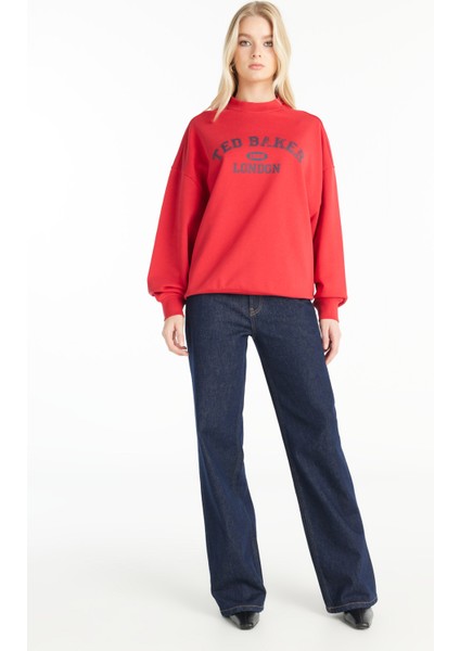 Bisiklet Yaka Baskılı Kırmızı Kadın Sweatshırt TBWRTS1035 fiyatları