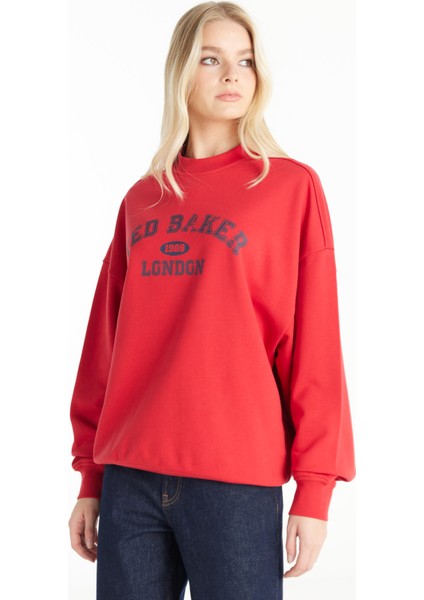 Bisiklet Yaka Baskılı Kırmızı Kadın Sweatshırt TBWRTS1035 modelleri