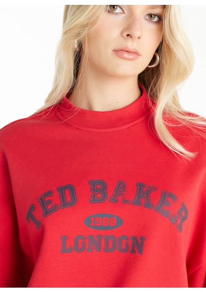 Bisiklet Yaka Baskılı Kırmızı Kadın Sweatshırt TBWRTS1035 indirimleri