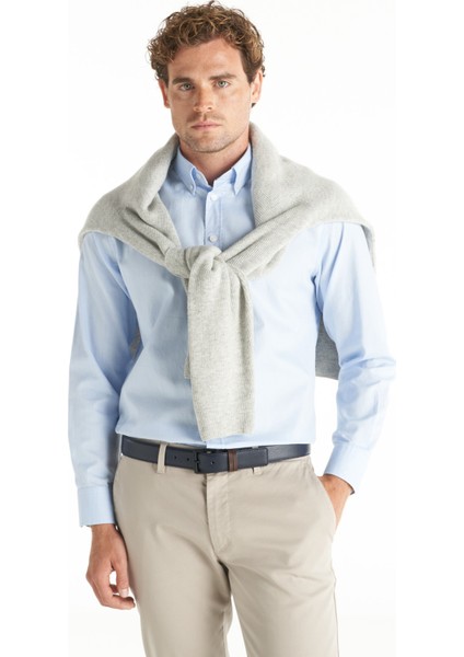 Comfort Fit Düğmeli Yaka Oxford Açık Mavi Erkek Gömlek TBMRSH1010