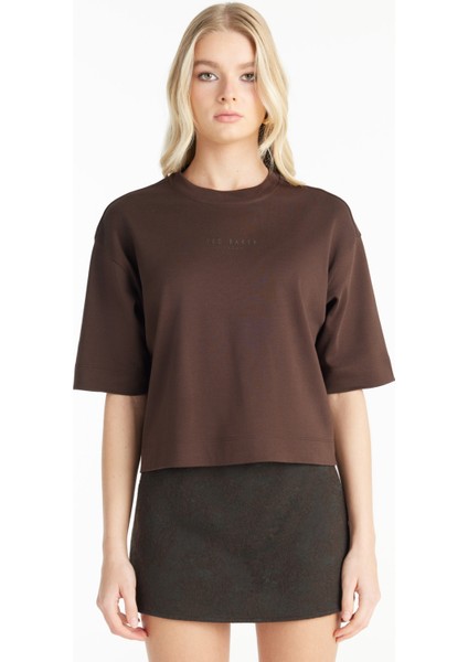 Bisiklet Yaka Baskılı Koyu Kahve Kadın T-Shirt TBWRTS1017