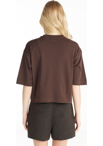 Bisiklet Yaka Baskılı Koyu Kahve Kadın T-Shirt TBWRTS1017 fırsatları