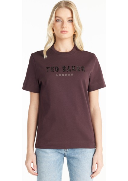 Bisiklet Yaka Baskılı Bordo Kadın T-Shirt TBWRTS1029