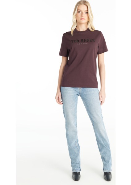 Bisiklet Yaka Baskılı Bordo Kadın T-Shirt TBWRTS1029 fiyatları