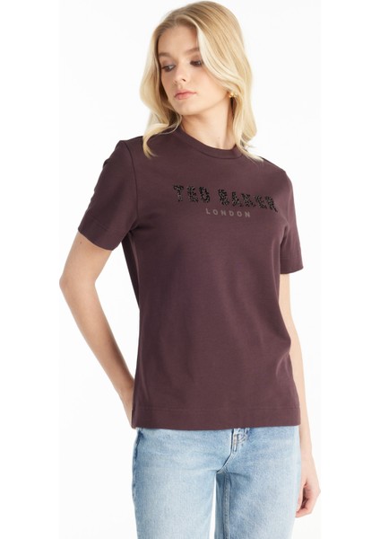 Bisiklet Yaka Baskılı Bordo Kadın T-Shirt TBWRTS1029 modelleri