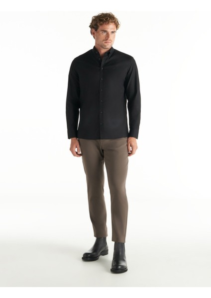 Comfort Fit Düğmeli Yaka Oxford Siyah Erkek Gömlek TBMRSH1010 fiyatları