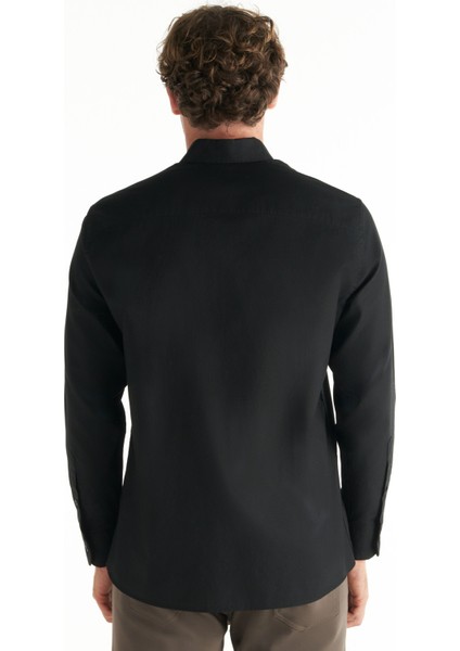 Comfort Fit Düğmeli Yaka Oxford Siyah Erkek Gömlek TBMRSH1010 indirimleri