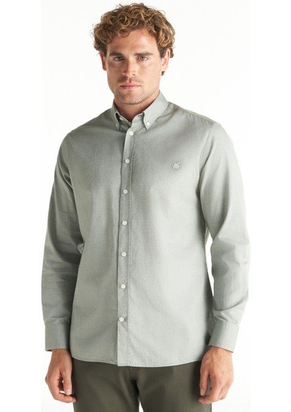 Comfort Fit Düğmeli Yaka Oxford Haki Erkek Gömlek TBMRSH1010 modelleri