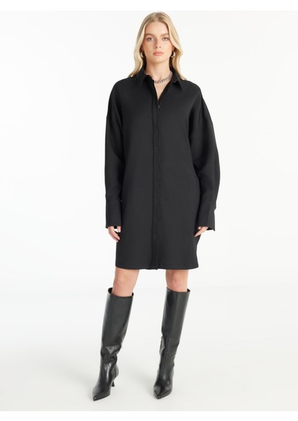 Gömlek Yaka Düz Siyah Mini Kadın Elbise TBWRDR1001