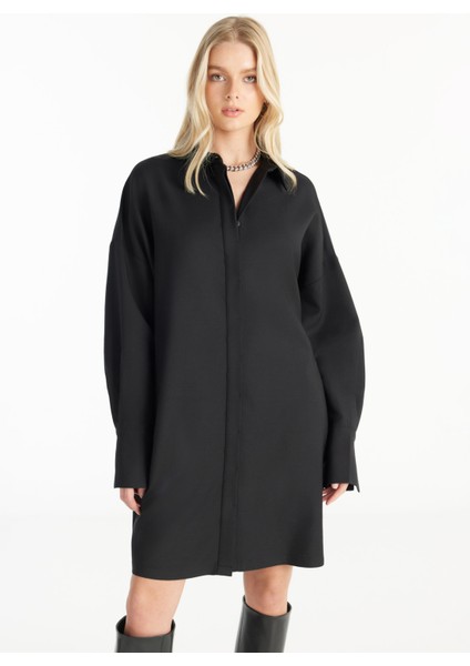 Gömlek Yaka Düz Siyah Mini Kadın Elbise TBWRDR1001 fiyatları