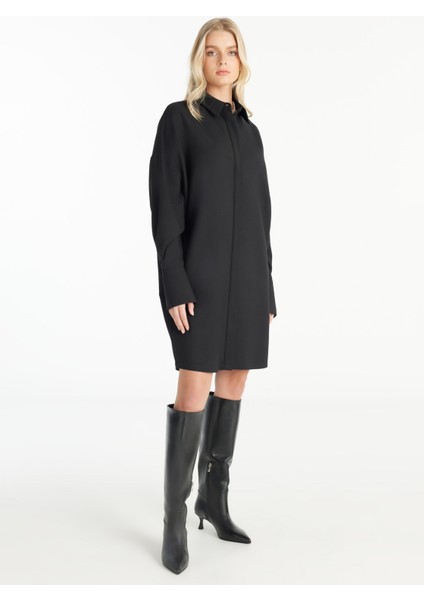 Gömlek Yaka Düz Siyah Mini Kadın Elbise TBWRDR1001 fırsatları