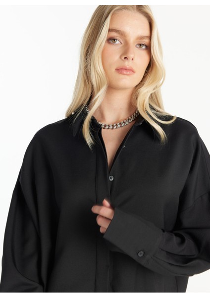 Gömlek Yaka Düz Siyah Mini Kadın Elbise TBWRDR1001