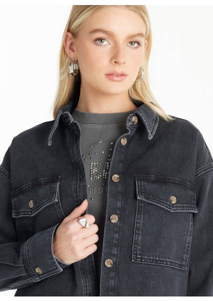 Oversized Klasik Gömlek Yaka Düz Siyah Kadın Gömlek TBWRDN1034-1 fiyatları