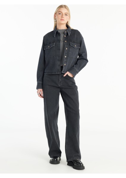 Oversized Klasik Gömlek Yaka Düz Siyah Kadın Gömlek TBWRDN1034-1 modelleri