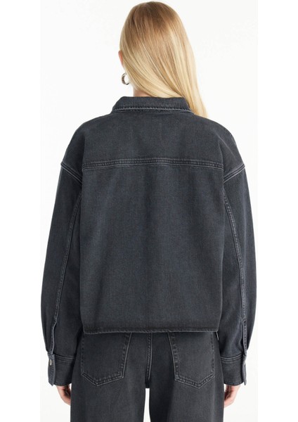 Oversized Klasik Gömlek Yaka Düz Siyah Kadın Gömlek TBWRDN1034-1 indirimleri