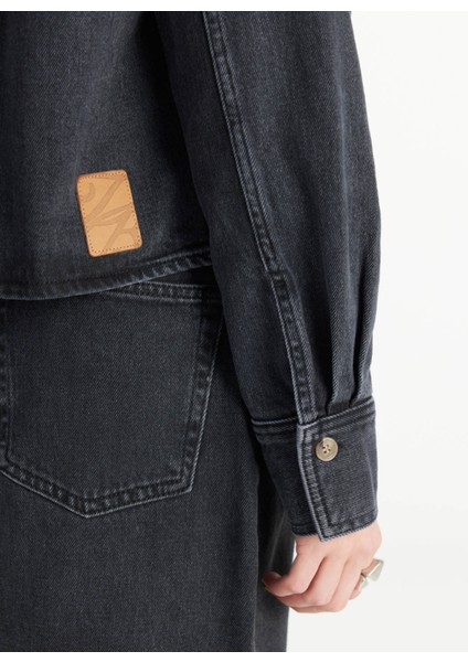 Oversized Klasik Gömlek Yaka Düz Siyah Kadın Gömlek TBWRDN1034-1