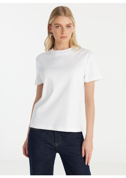 Bisiklet Yaka Düz Kırık Beyaz Kadın T-Shirt TBWRTS1084