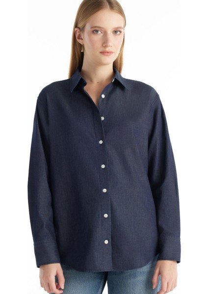 Standart Gömlek Yaka Düz Koyu Mavi Kadın Gömlek TBWRSH1031 fiyatları