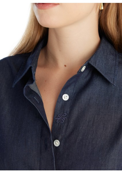 Standart Gömlek Yaka Düz Koyu Mavi Kadın Gömlek TBWRSH1031 indirimleri